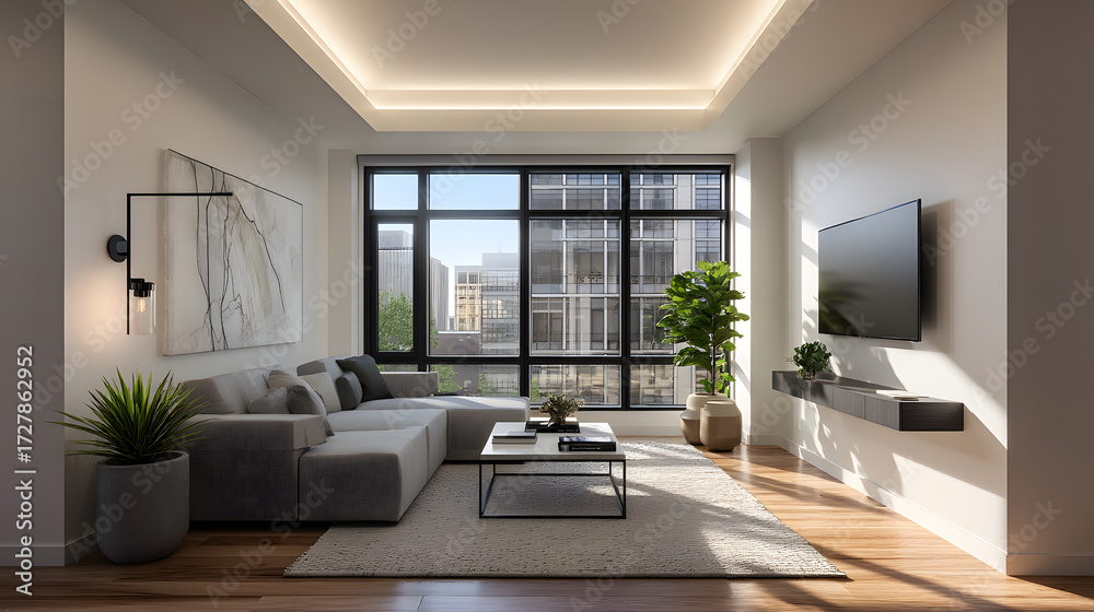 Fototapeta premium Ultra Realistic Interior Photograph of a Modern Living Space with Natural Light and Contemporary Design Elements