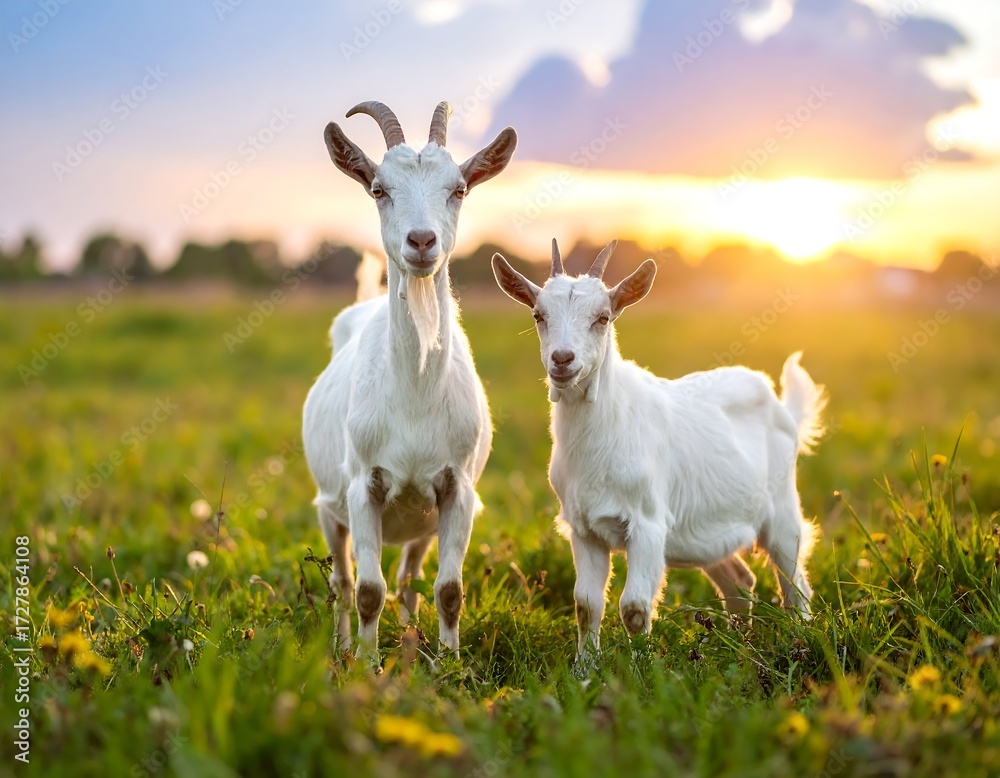 Fototapeta premium Two white goats in a grassy field at sunset (1)