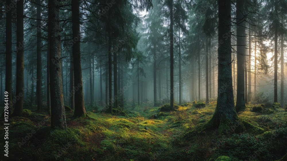 Naklejka premium Ethereal Sunbeams in Misty Ancient Forest, Illuminating Vibrant Green Moss Carpet.
