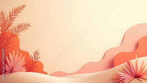 Minimalist Tropical Background with Paper Cutout Plants
