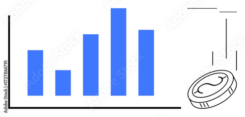 Bar graph with four blue columns and a coin in motion. Ideal for finance, market analysis, investment, business growth, economy, data visualization, digital trends. Simple flat metaphor