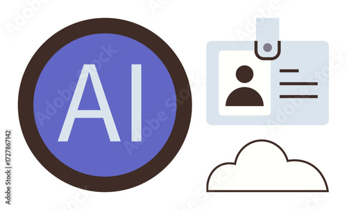AI badge, digital ID card, and cloud graphic, symbolizing technology usage in AI, identity, and cloud services. Ideal for technology, AI security identity innovation cloud automation. Simple