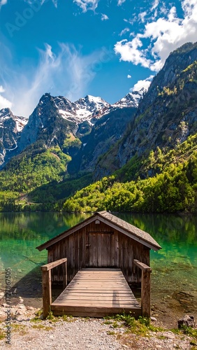 Lakeside cabin nestled in a mountain valley