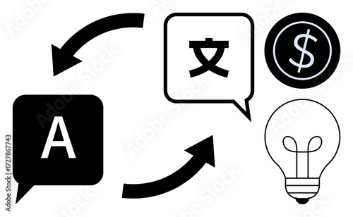 Two speech bubbles with arrows showing language translation, currency sign, and lightbulb indicating communication, business, and creative exchange. Ideal for globalization, business, finance
