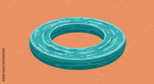 Teal donut with wavy texture sits against a peach background in a simple design