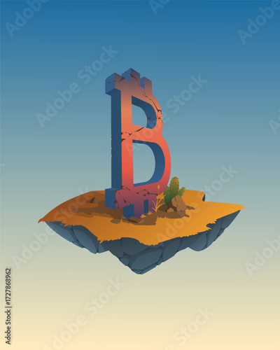 Vector 3d bitcoin symbol on floating island