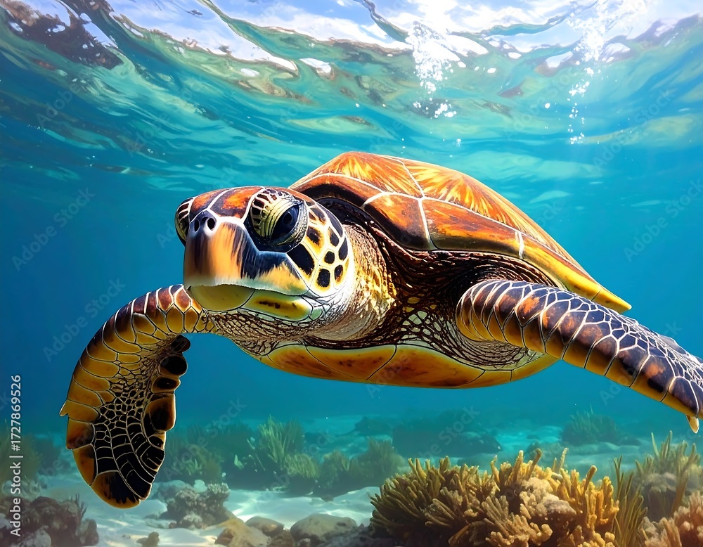 Fototapeta premium Graceful Sea Turtle Swimming in Turquoise Ocean Waters.