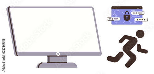 Large computer screen, secure login padlock with passwords, and running figure symbolizing data theft, hacking, or unauthorized access. Ideal for cybersecurity, hacking awareness, data breach risk