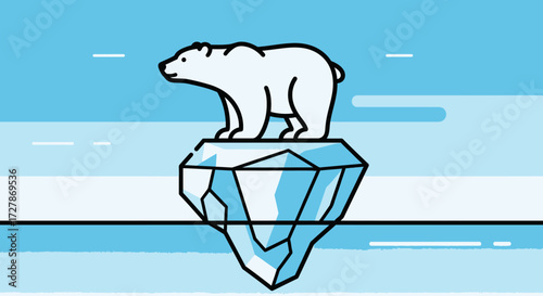 A stylized illustration of a polar bear standing atop a melting iceberg in a blue ocean, conveying environmental concerns.
