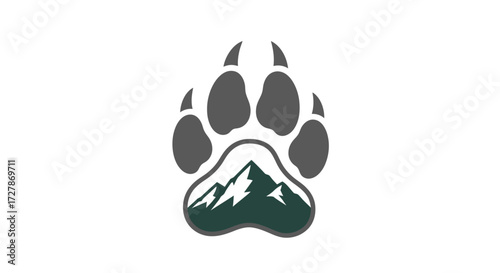 A stylized paw print logo featuring a majestic mountain range nestled within its sole, symbolizing nature and wilderness.