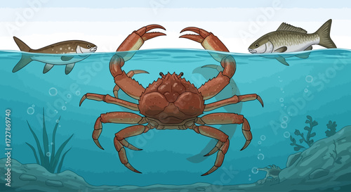A cartoon illustration of a crab with two fish swimming in the ocean water.