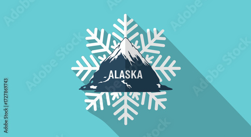 Stylized flat design illustration of a snowy mountain with "ALASKA" text, set against a white snowflake on a blue background.