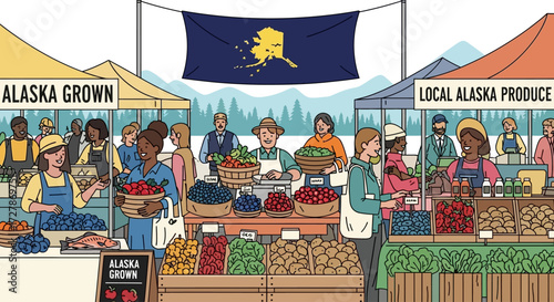 A vibrant illustration of a bustling Alaskan farmers market featuring local produce and vendors.