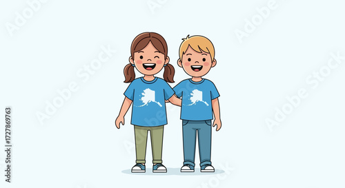 A smiling cartoon boy and a winking girl stand together wearing matching blue Alaska t-shirts.