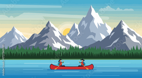 Two people paddle a red canoe on a calm lake, surrounded by majestic snow-capped mountains and a forest under a rising sun.