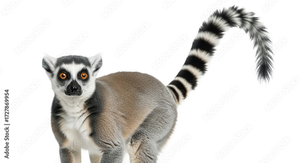 Obraz premium Ring tailed lemur with striped tail isolated on white background.