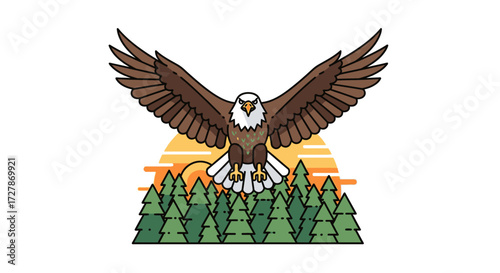 A majestic bald eagle soaring above a forest with outstretched wings against a sunset backdrop.