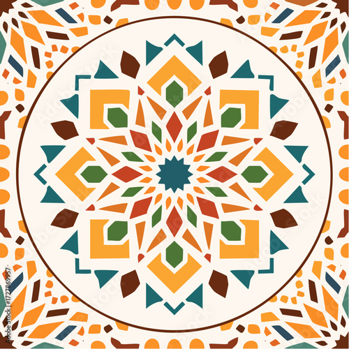 Geometric tile pattern featuring a central starburst design with symmetrical shapes in vibrant colors including orange, blue, green, and brown.
