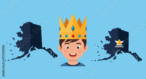 Cartoon boy wearing a crown, flanked by stylized maps of Alaska, symbolizing Alaskan royalty.