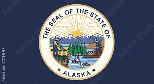 Alaska state seal, featuring agricultural workers and mountains, on a dark blue background.