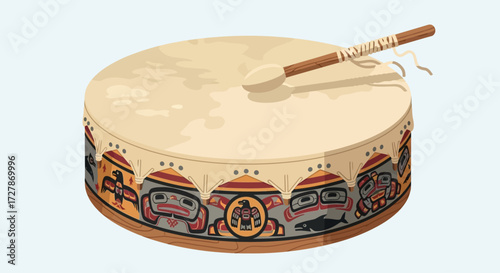 A detailed illustration of a Native American drum with a wooden beater resting on its surface, showcasing intricate artwork.