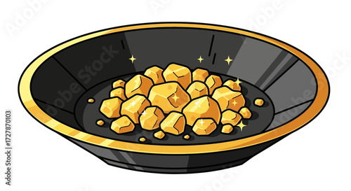 A black and gold pan filled with a pile of shiny gold nuggets.
