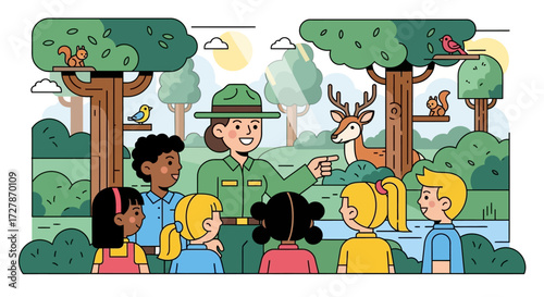 A park ranger in uniform points and talks to a group of diverse children outdoors in a forest setting with animals.