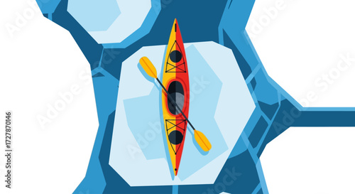 A red and yellow kayak with a paddle rests on a floating ice floe in blue water, viewed from an aerial perspective.