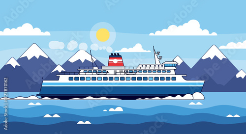 A large passenger ferry sails on the blue sea with a scenic background of snow-capped mountains and a sunny sky.