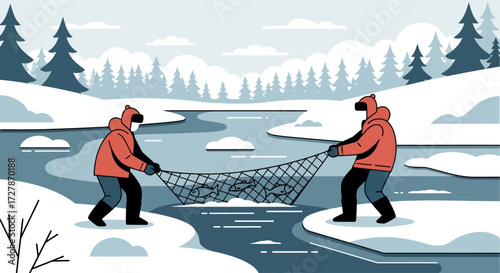 Two people in winter clothing pull a fishing net across a partially frozen river in a snowy landscape.