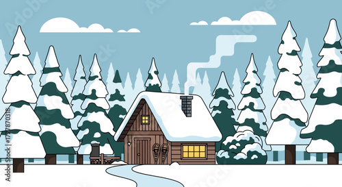Cozy wooden cabin nestled amongst snow-covered pine trees in a serene winter landscape with smoke gently rising from its chimney.