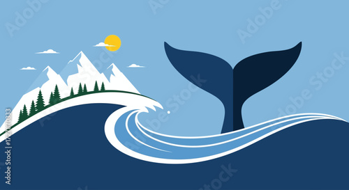 Majestic whale tail emerges from a cresting ocean wave, with snow-capped mountains and a sunlit sky in the background.