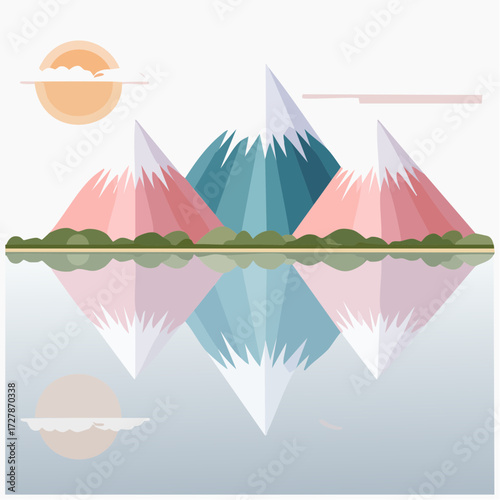 Stylized vector illustration of three colorful mountains with snow-capped peaks reflected in calm water under a soft sun and a few clouds.