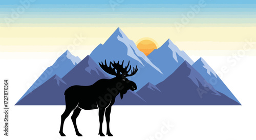 Silhouette of a moose standing in front of a mountain range with a rising sun in a stylized, vector illustration.