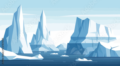 An illustration of massive icebergs floating in a cold, dark blue arctic sea under a clear, light blue sky.