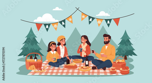 A happy family enjoys an outdoor picnic with food and drinks on a checkered blanket amidst trees and mountains.