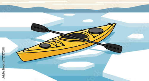 A yellow kayak with a paddle rests on a body of water with ice floes, under a bright sky.