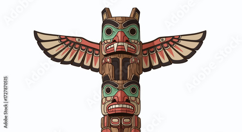 A colorful illustration of a totem pole with animalistic figures and outstretched wings against a white background.