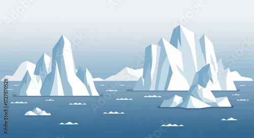 Illustration of icebergs floating in a blue ocean, with a gradient sky background, depicting a cold, arctic landscape.