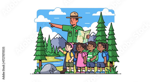 A park ranger points out a scenic view to a group of diverse children on a nature hike, holding a map in a forest setting with mountains.