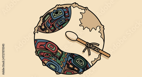 Illustration of a round hand drum featuring Native American Northwest Coast art designs and a drumstick wrapped with twine.