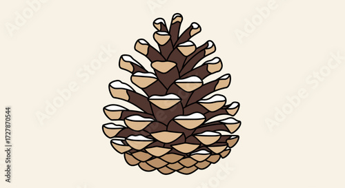 Illustration of a brown pinecone with snow on its scales, set against a beige background.