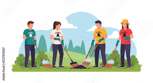 A group of four volunteers clean up trash in a park setting, wearing matching shirts and using brooms to collect litter.