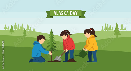 Three children collaboratively plant a small evergreen tree to celebrate Alaska Day in a scenic, green landscape.