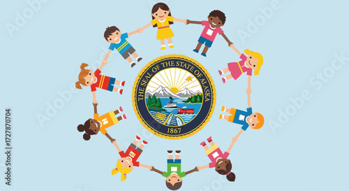 Diverse group of cartoon children holding hands in a circle around the Seal of the State of Idaho, symbolizing unity and community.