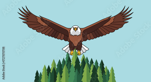 A majestic bald eagle soars with wings spread wide above a dense green pine forest.