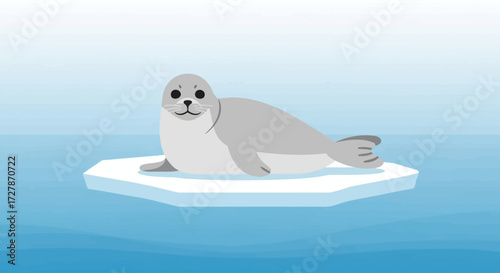 A cute gray seal pup rests on a small floating ice floe in the calm blue arctic water.