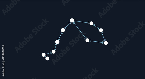 An abstract digital network graph with nodes and directed connections on a dark blue background.