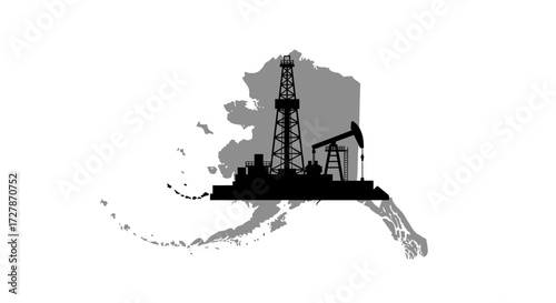 A silhouette of an oil rig and pumpjack over a grey map of Alaska, symbolizing the state's energy industry.