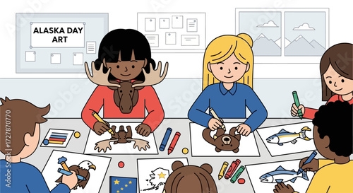 A diverse group of young students in a classroom drawing Alaskan wildlife for an Alaska Day art project.